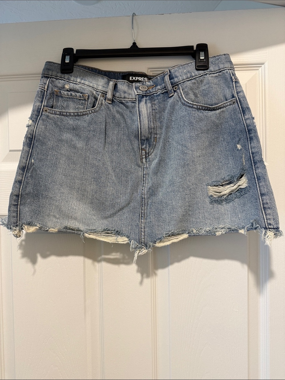 Express Light Blue Distressed Denim Mini Skirt